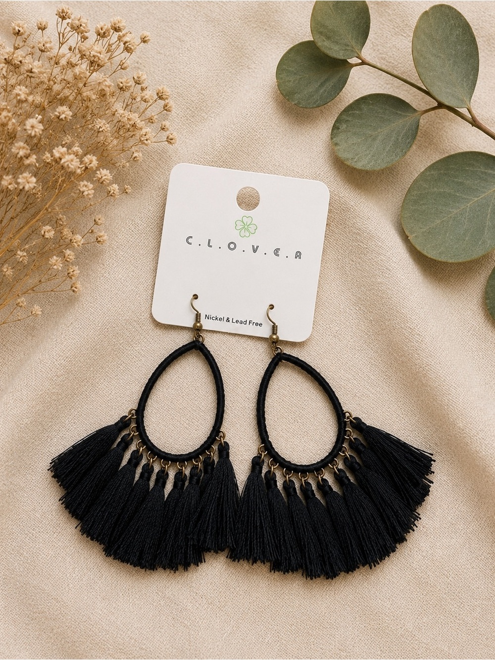 Clover Black Tassel Drop Earrings